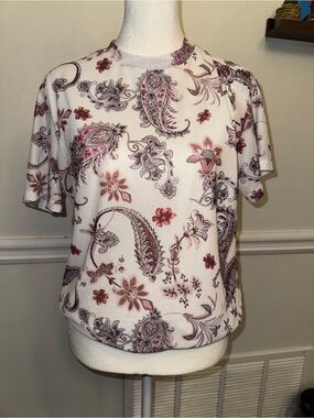Women’s White Pink Paisley Floral Sheer Sleeve Blouse Top Medium